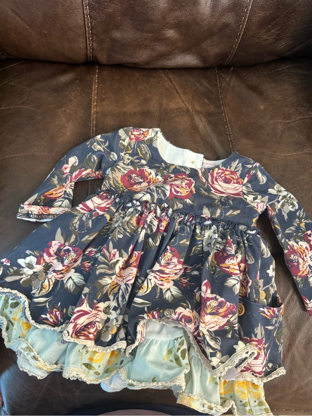 SweetHoney Navy Floral Ruffle Dress with Blue Lining